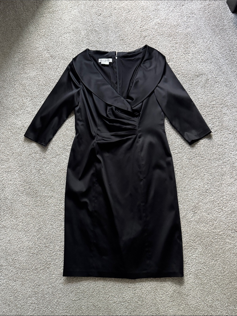 Kay Unger Black Satin Sheath Dress with Draped Cowl